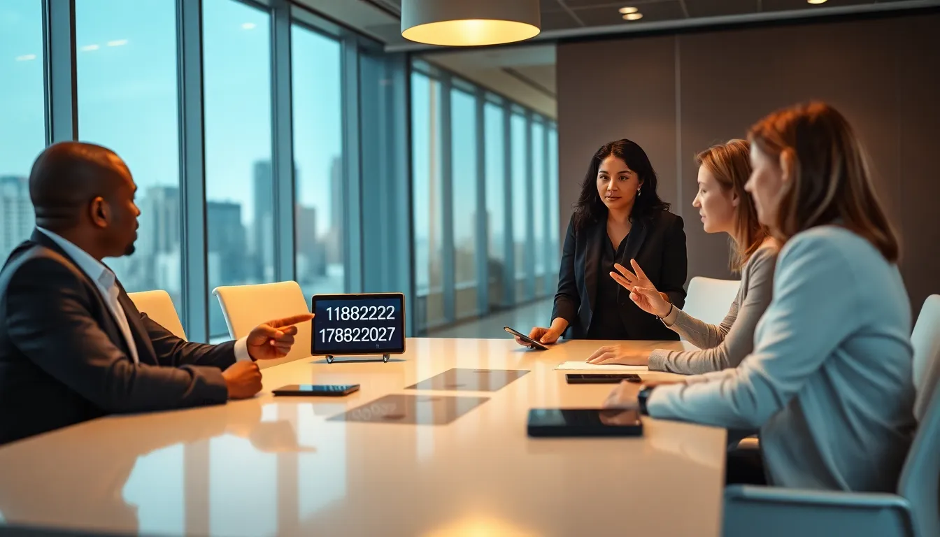 professionals discussing telecommunications in a bright modern office.